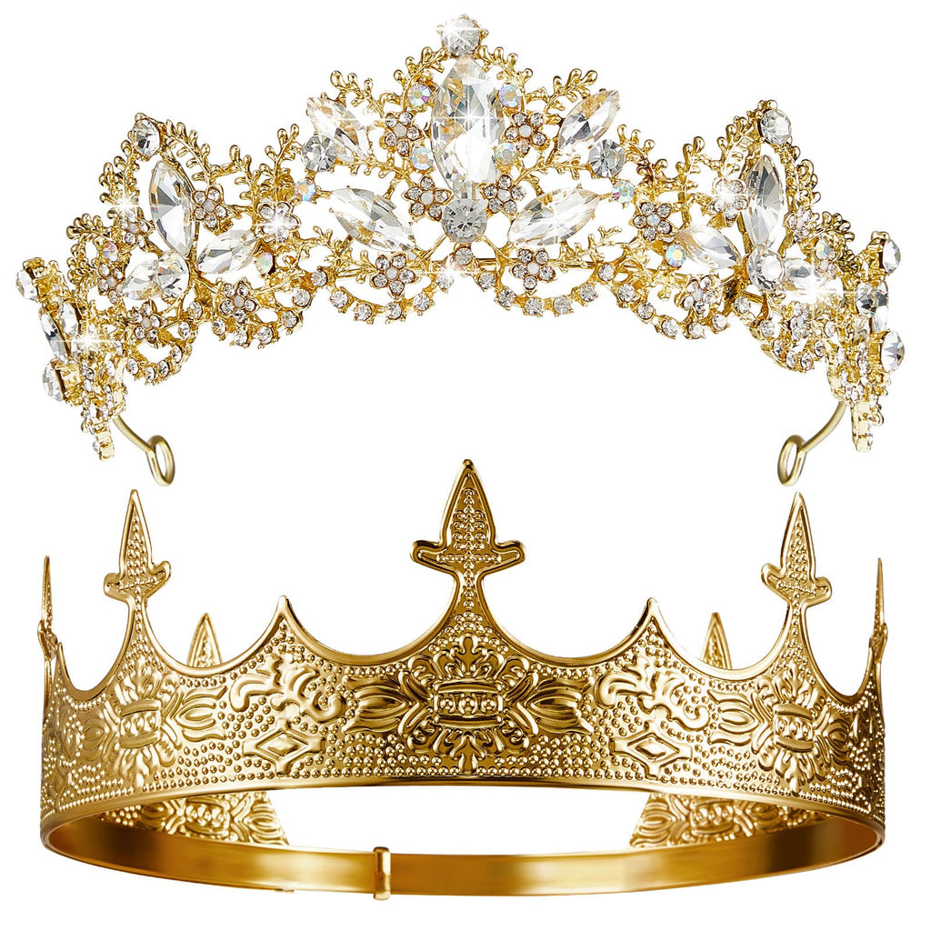 Sureio 2 Pcs Antique Royal King Crown for Men Baroque Queen Crown for Crystal Tiara Prom Cosplay Birthday Wedding Party Hair Headband Accessories(Elegant Style)