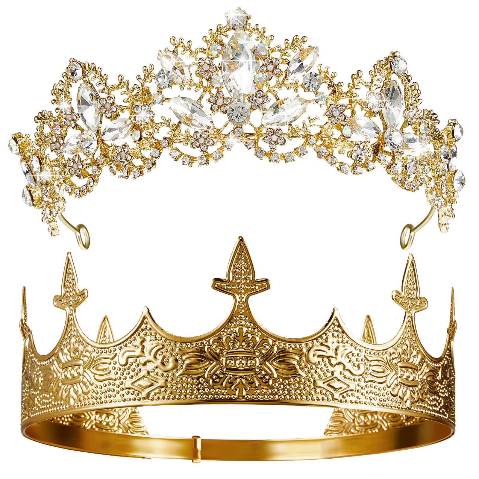 Sureio 2 Pcs Antique Royal King Crown for Men Baroque Queen Crown for Crystal Tiara Prom Cosplay Birthday Wedding Party Hair Headband Accessories(Elegant Style)