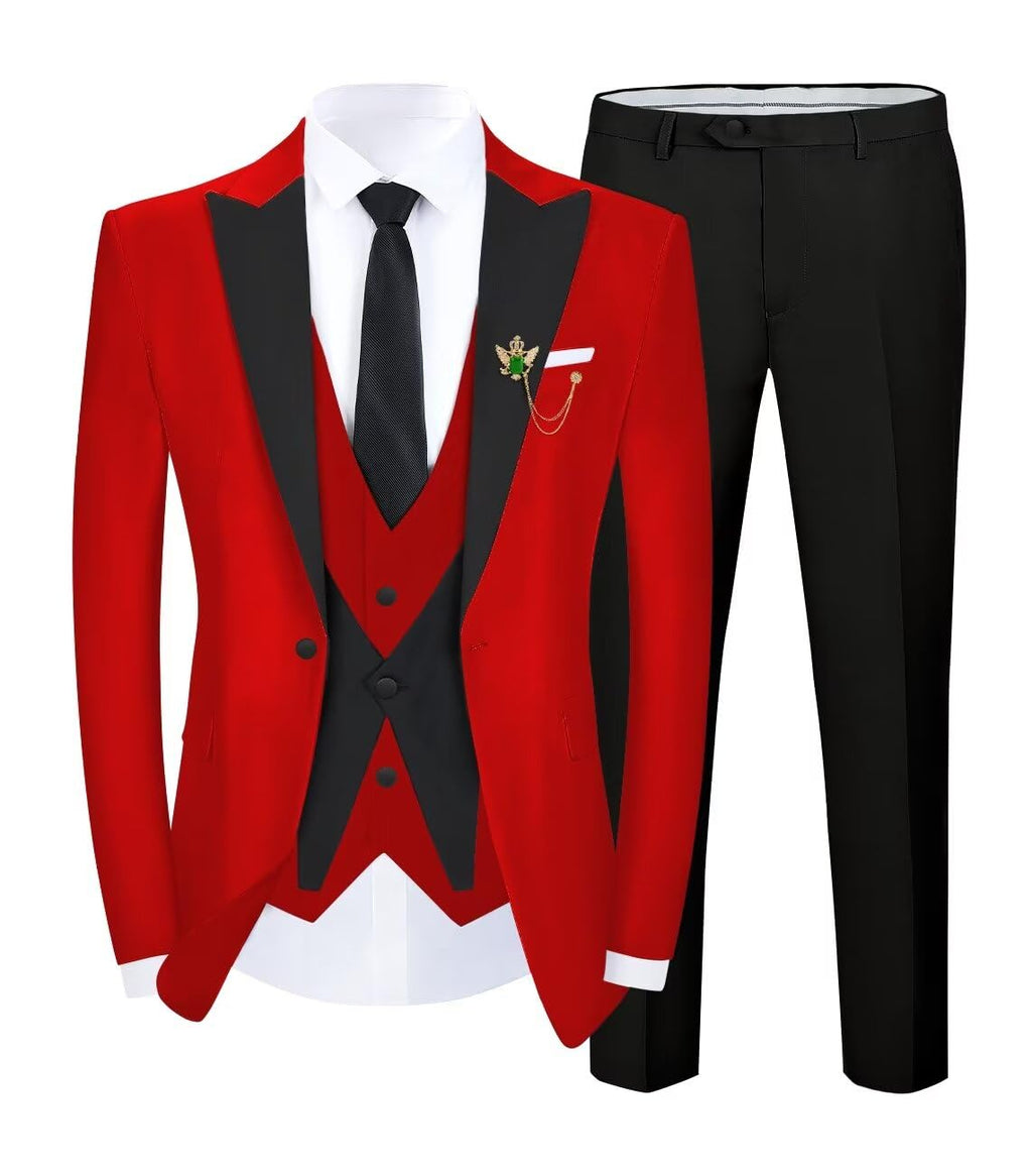 SPTALLFITJSV Red Men 3 Piece Suit Regular Fit Tuxedo for Prom Wedding Elegant Patchwork Blazer Vest Pants Men 3 pcs Set Suits Peak Lapel Classic Black-Tie Event Suit XL